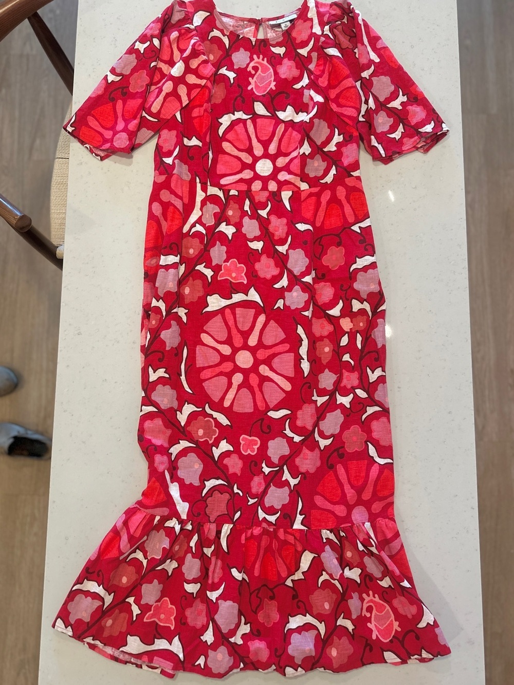 NWOT Rhode Pink Floral Linen Midi Dress with Statement Sleeves Size 12 Designer